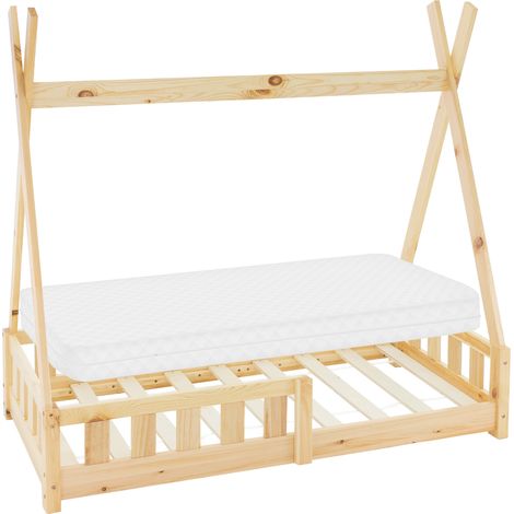 ML-Design Cama Infantil Tipi Natural con Colchón 70x140cm Protección Anticaída y Somier Estructura Listones, Madera Maciza de Pino para Niño en Forma de Casa con Reja Cama Juvenil Juego Lecho de Suelo (1/5)