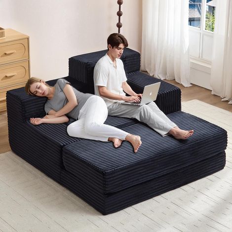 Schlafsofa Cord 2-Sitzer mit Schlaffunktion & Chaiselongue Schwarz (1/5)