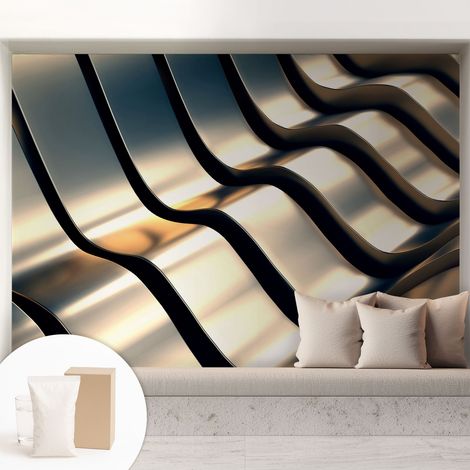 Papier peint intissé mural classique avec imprimé motifs décoratifs design élégant non‑tissé Vagues métalliques 208x146 cm (1/5)