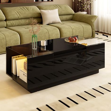 Rechteckiger Couchtisch Schwarz 105 cm, moderner Wohnzimmertisch mit App-gesteuerter LED-Beleuchtung, 2 Schubladen und Tischplatten aus gehärtetem Glas