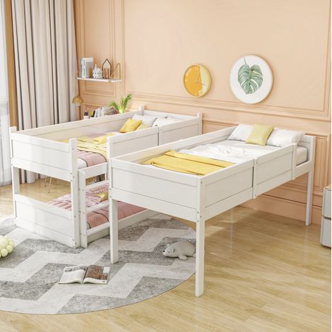 Dreibettzimmerbett 90200 cm, Massivholzlatten, Hochbett, hohes Zaundesign, Kinderbett, Holzbett, weiß (1/5)
