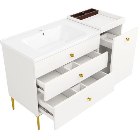Meuble de salle de bains blanc et doré – Meuble sous-vasque avec lavabo en céramique – Meuble de salle de bains avec tiroirs et placard – Mobilier moderne pour salle de bains