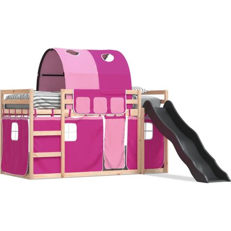 Lit simple,Lit adulte,Lit superposé avec toboggan et rideaux rose 80x200 cm CFW11721 (1/5)