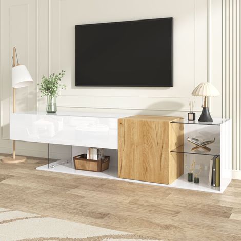 Meuble TV 180 cm Blanc Laqué avec Finition Bois et Étagères en Verre, Banc Télé Bas de Salon, Style Moderne avec Rangement – Blanc et Bois (1/5)