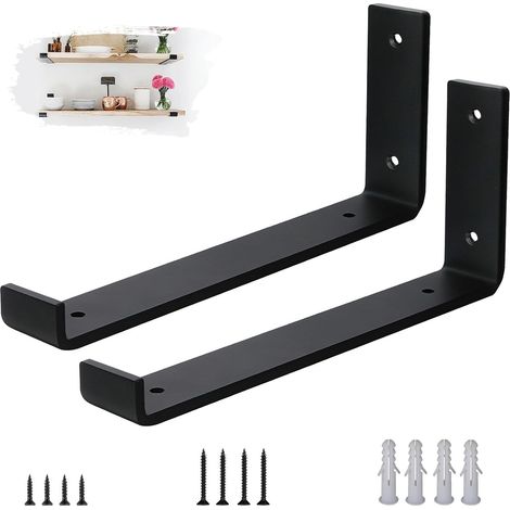 Lot de 2 Equerre Etagere Murale - Supports Muraux en Acier de 5mm d'Épaisseur pour Charge Lourde avec Rebords, Kit d'Équerre Murales de Style Industriel Rustique Noir 30cm