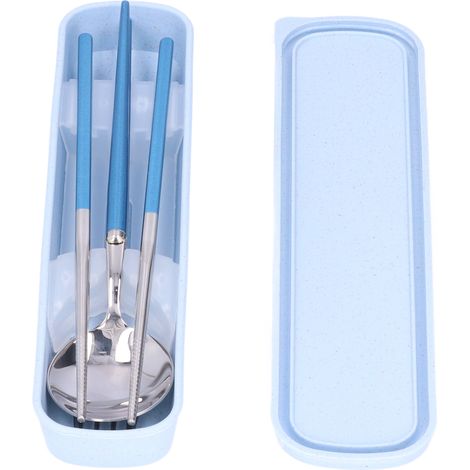 Ensemble de couverts en acier inoxydable portable avec fourchette, cuillère et baguettes pour bureau, camping, école ou pique-nique - Bleu