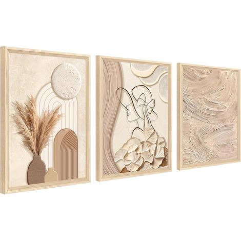 3Pcs Cadre en bois Impression sur Toile Beige Clair et Crème Tableau Silhouette Féminine Peinture Motif Abstrait Neutre Tableau Decoration Murale Salon Chambre Maison 30x40cm x3 (Pas de plexiglas) (1/5)
