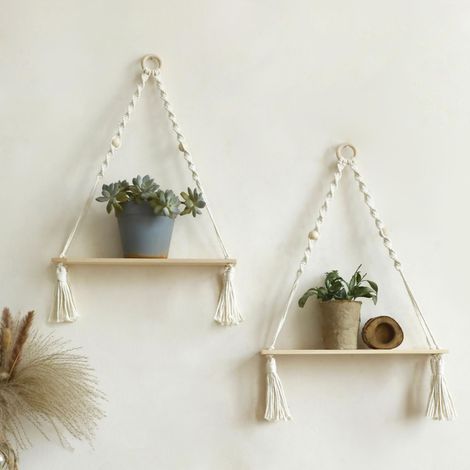 Estantería de pared de madera de 2 piezas: estante flotante de estilo bohemio, soporte blanco para plantas con encaje, estante de almacenamiento ajustable, decoración rústica de pared para dormitorio. (1/5)