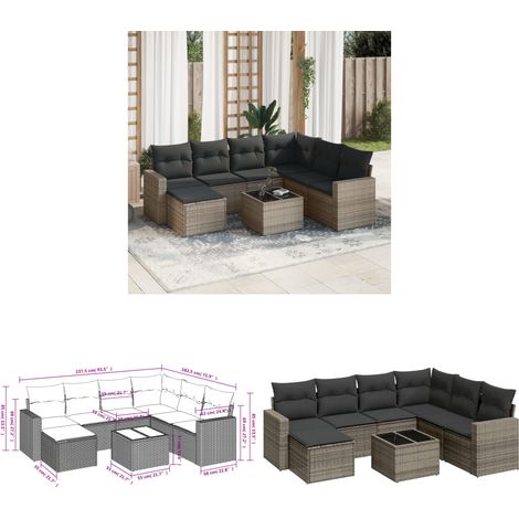 8-tlg. Garten-Sofagarnitur mit Kissen Grau Poly Rattan - Gartenmöbel Set - PE-Rattan Möbel - Outdoor Sofa - Esstisch Set - Lounge Set - Home & Living (1/3)