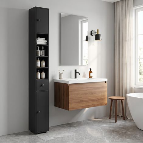 Meuble haut étroit noir 180 cm pour salle de bain, support papier toilette, compartiments ouverts et 2 espaces fermés (1/5)