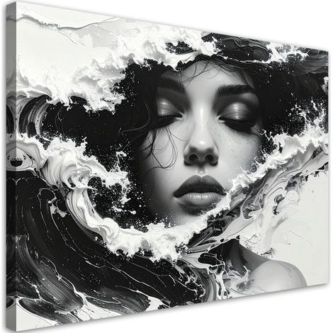 Stampe su Tela, Ritratto artistico in bianco e nero di una donna con onde del mare, 60x40 (1/5)