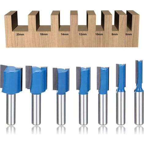 Jeu de 7 têtes de fraisage droites - Outils de travail du bois à queue de 8 mm - 6 mm, 8 mm, 10 mm, 12 mm, 14 mm, 18 mm, 20 mm (1/3)