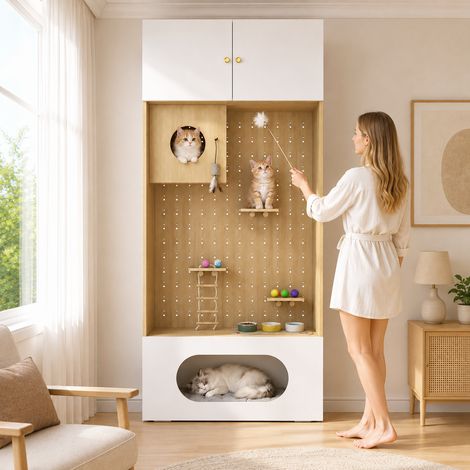 Armoire multifonction pour animaux avec mur d'escalade, niche, couchages et coussin, 90x50x202 cm, coloris blanc et bois (1/5)