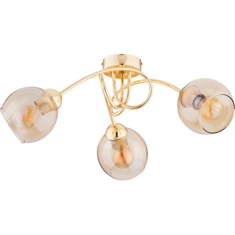 Alfa SEYLA Gold/Brass Ceiling Light Fixture 3x E27, 3 Clear Glass Globe Shades, 52cm Modern Flush Mount Lamp for Living Room/Bedroom, Dimmable with Bulbs