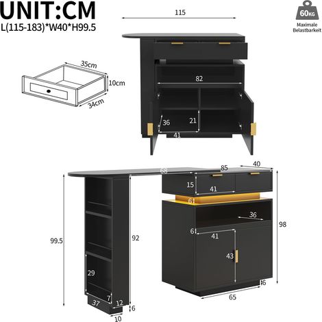 Îlot de cuisine extensible avec rangement, éclairage LED, rotation à 360°, dimensions 115-183 x 40 x 99 cm, noir, HOMAIRE (1/5)