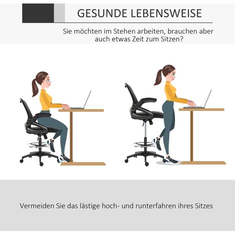 Fauteuil de bureau, chaise de travail, fonction assis-debout, repose-pieds inclus, siège pivotant, acier, noir, 64 x 60 x 106-126 cm (1/4)