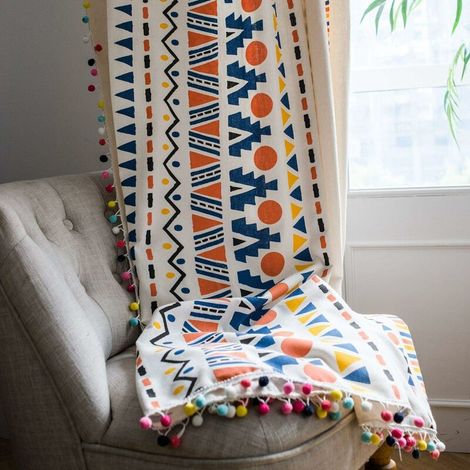 Cotton Linen Boho Window Curtain Panel with Tassel Rod Pocket, Geometric Stripe Country Style Room Darkening Curtain for Bedroom, Living Room (Colorful Geometric, 59 x 63, 1 Panel)