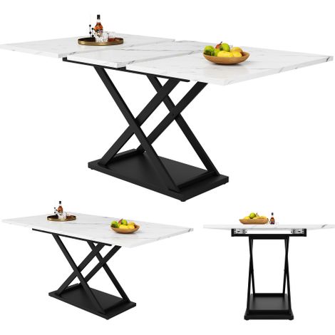 Table extensible 120-160cm marbre blanc pieds croisés noirs