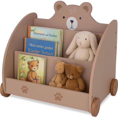 Étagère à Livres pour Enfants, Ours, H x L x P : 58 x 60 x 40 cm, avec roulettes, Coins arrondis, MDF, Marron (1/5)