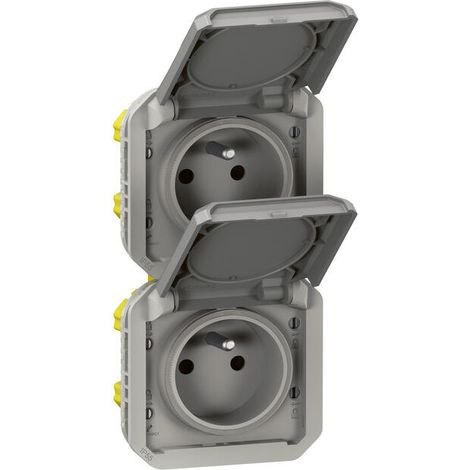 DOUBLE PRISE DE COURANT PRÉCÂBLÉE 2X2P+T VERTICALE ÉTANCHE PLEXO 16A 250V IP55 2 POSTES AVEC ENJOLIVEURS - FINITION GRIS (1/4)