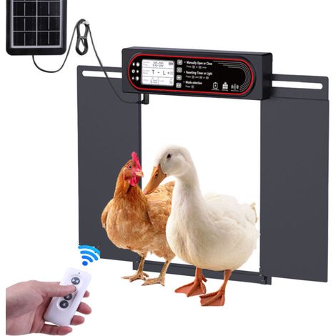 Porte automatique de poulailler à énergie solaire – Minuterie, capteur de lumière, télécommande – Alliage aluminium, ABS – 4 modes d'utilisation (1/5)