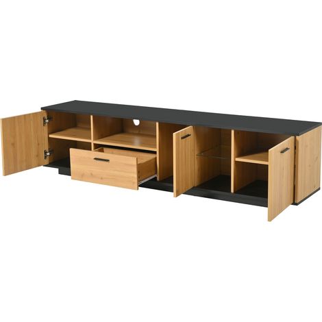ELVMI Mobile TV con 3 Ante, 1 Cassetto e 2 Vani in Vetro con LED per Soggiorno in MDF 180×37×45 cm Nero (1/4)