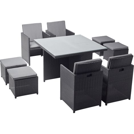 Concept-Usine – Table et chaises encastrables 8 places en résine tressée – Couleur noir et coussins gris – Dimensions 115x115x74 cm – Résistante à l'eau (1/4)