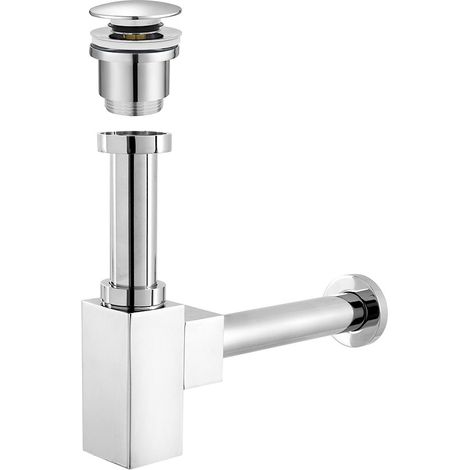 Sifone lavabo a canna quadrata cromato completo di piletta click clack universale (1/5)