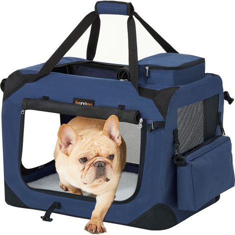 Sac Transport Chat Chien, Caisse Pliable Animaux de Companie, Taille M, Tissu Oxford, Filet, Respirant, Portable, Cadre en Métal, avec Poignées et Pochettes, 60 x 42 x 42 cm, Bleu Foncé (1/5)