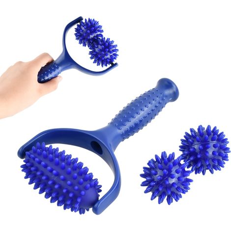 Rouleau de Massage avec Poignée, Rouleau d'auto-massage avec 3 Balles Hérissons Interchangeables, Appareils Masseur Boule Fascia pour Jambes, Dos, Bras, Muscles, Douleurs Musculaires, Bleu (1/5)