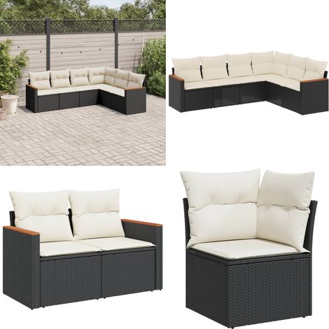 Set de sofás de jardín 6 piezas y cojines ratán sintético negro - Cojines para sofás - Ratán sintético