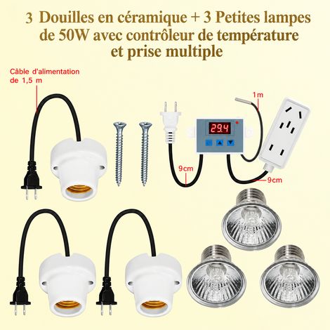 Lampe chauffante d'élevage avec 3 douilles entièrement en céramique et 3 lampes 50W, thermostat à 9 trous, 500 g – Livraison gratuite