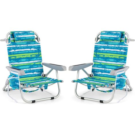 Chaise Longue, Chaise de Plage Pliable, 5 Positions Réglable, Porte-Gobelet, Porte-Serviette, Poches, Appui-tête, Sangles (Vert,2 pièces) (1/5)