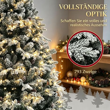Sapin Noël artificiel 180 cm LED, 793 branches enneigées très réaliste, support acier pliable, hauteur 180 cm, coloris vert (1/5)