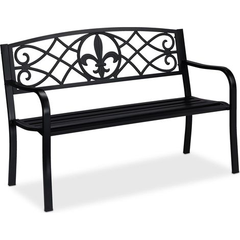 Relaxdays Gartenbank, Fleur de Lis Motiv, 2-Sitzer, Stahl, Garten und Terrasse, HxBxT: 86 x 127 x 60 cm, schwarz