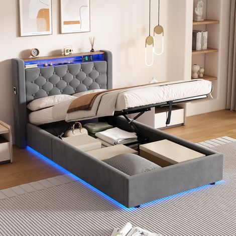 Lit coffre 90x200 cm, lit avec rangement hydraulique, LED, USB-C, étagère tête, sommier à lattes, en velours, gris, sans matelas (1/5)