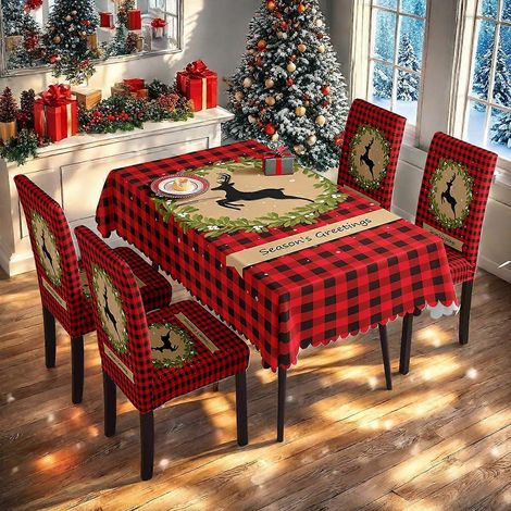 Ensemble nappe et housses de chaises de Noël à carreaux imprimés numériquement, très populaire, référence TC-148 (nappe imperméable 140 x 210 cm + 4 housses de chaises) (1/3)