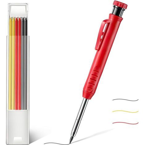 Lntyq Lot de 2 porte-mines charpentier automatiques solides avec recharges crayon pour le dessin, travail du bois plomb, Noir, Jaune, Rouge (1/5)
