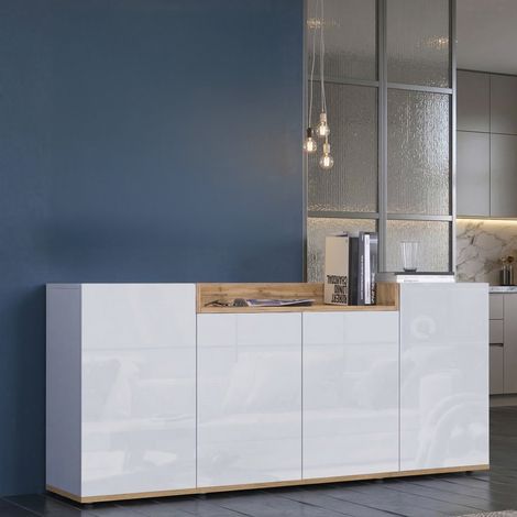 Aparador Swink, Mueble 6 Estantes, Puertas Batientes Made in Italy, 4 Puertas, 160x35x70h cm Blanco brillo (1/5)