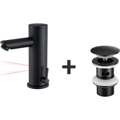 Auralum Robinet de lavabo infrarouge Noir entièrement automatique +Bonde Lavabo Bonde Pop-up avec Trop-plein Automatique Universelle,Noir (1/5)