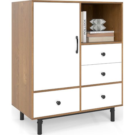 Credenza  Mobile contenitore moderno metà secolo con 4 cassetti e scomparto aperto, Buffet sideboard in metallo robuste per soggiorno Bianco (1/4)