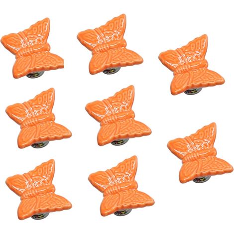 Set mit 8 orangefarbenen, schmetterlingsförmigen Keramik-Schubladengriffen mit Zinklegierungsfuß für Schränke, Schminktische und Kleiderschränke