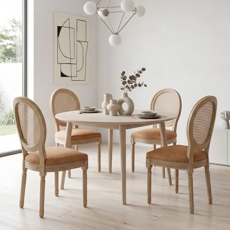 Lot de 4 Chaises Bois Massif - Dossier confortable Rotin Assise Lin Rembourrée, finition vieillie - style campagnard, Marron (1/5)