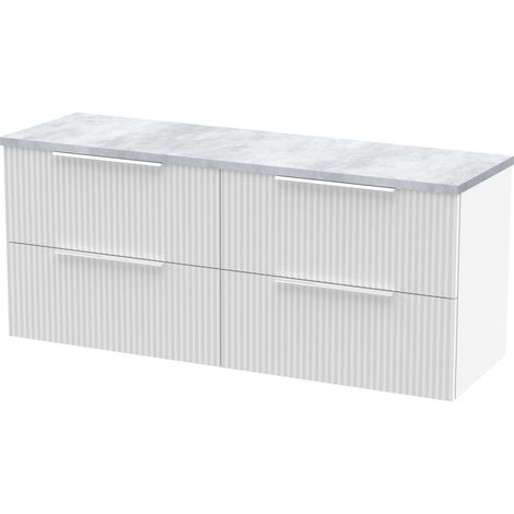 Tixall Fluted 4 Drawer Wall Hung Vanity Unit with Laminate Worktop, Satin White, 1200mm