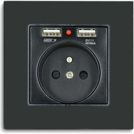 Prise Murale Avec 2 Ports USB - 250 V 16 A - Panneau En Verre Cristal Noir - Dimensions 86x86 mm - Pour Charge Rapide Smartphone Tablette - 1 Pièce (1/5)