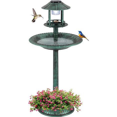 Solar Bird Bath with Feeder & Planter - LED Light, Green (1/5)