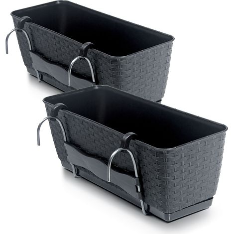 Balkon Blumenkasten mit Halterung und Bewässerungssystem - 2 Stück in 40 cm - Kunststoff Geländer Pflanztopf in anthrazit - Pflanzkasten Blumentopf zum Einhängen mit Bewässerungsboden