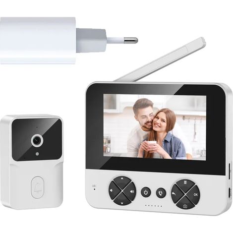 Sonnette vidéo (blanche + chargeur), écran 4,3 pouces, HD 720p, appels bidirectionnels sans fil 2,4 GHz, vision nocturne (1/5)