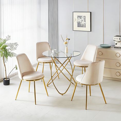 Conjunto de comedor 5 piezas con mesa redonda de cristal 80 cm y 4 sillas, crema HAVRYA (1/5)