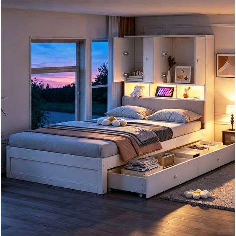 CHICFURN Cama individual 90x200 cm de madera blanca con almacenaje, LED, enchufe y somier (1/5)